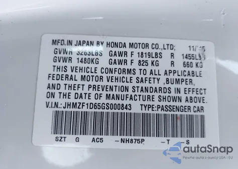 2016 Honda Cr-Z Ex/Ex-L Navi z USA, uszkodzony, nr VIN JHMZF1D65GS000843